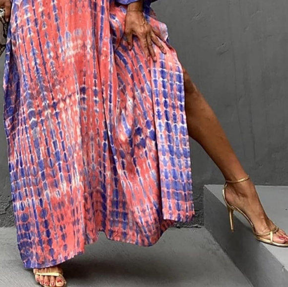 Pink Lavender Tie Dye Hippie Kaftan Long Loose Maxi V Dress Bohemian Dyed Caftan - Picture 5 of 8